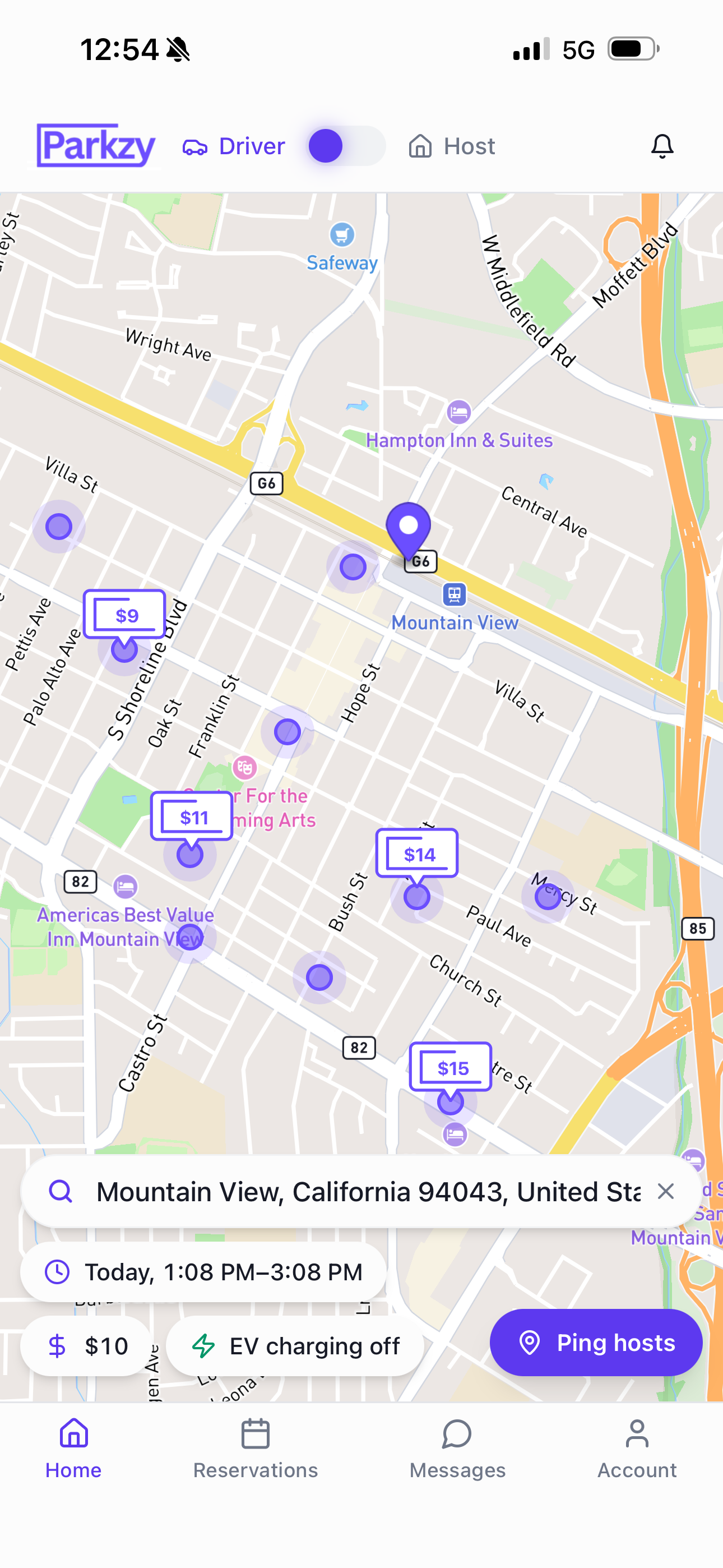 Parkzy iOS app showing available parking on the map